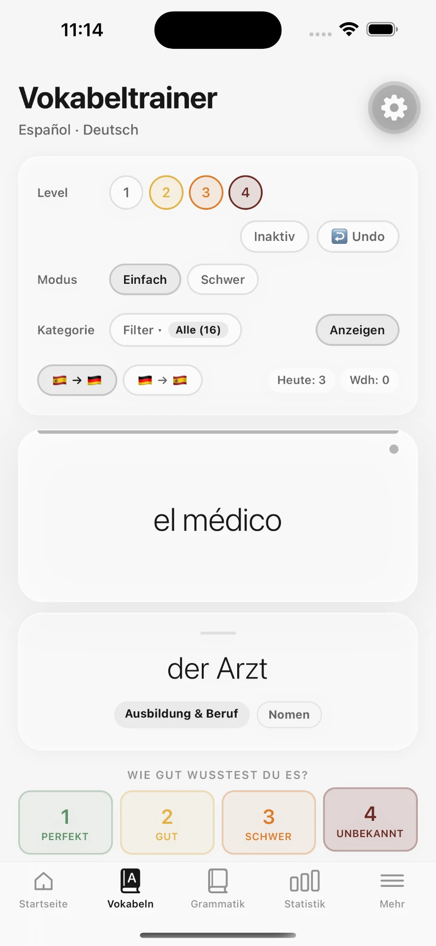 Vokabeltrainer-Karteikarte mit el médico und der Arzt